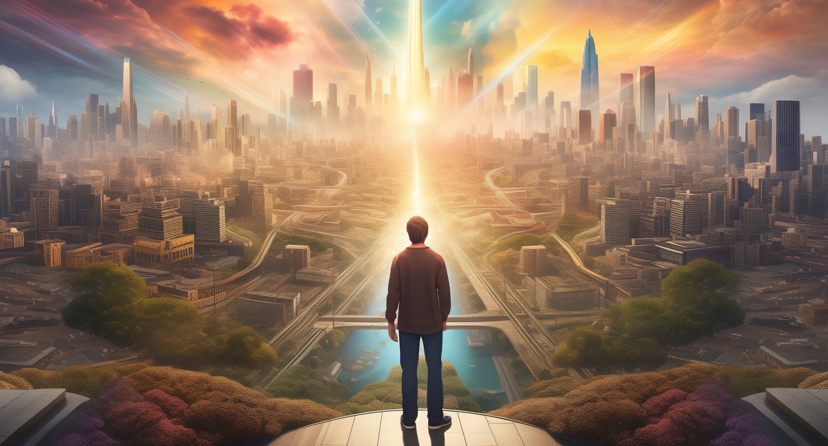 Picture of young man overlooking a futuristic cityscape.